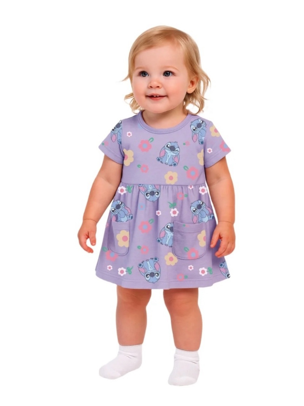 Disney Stitch Baby Girl Viscose Bamboo French Terry Floral  Dress And Panty Set